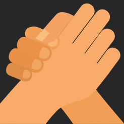 two hands that are different shades of tan are clasping each other up, overlayed on a black background